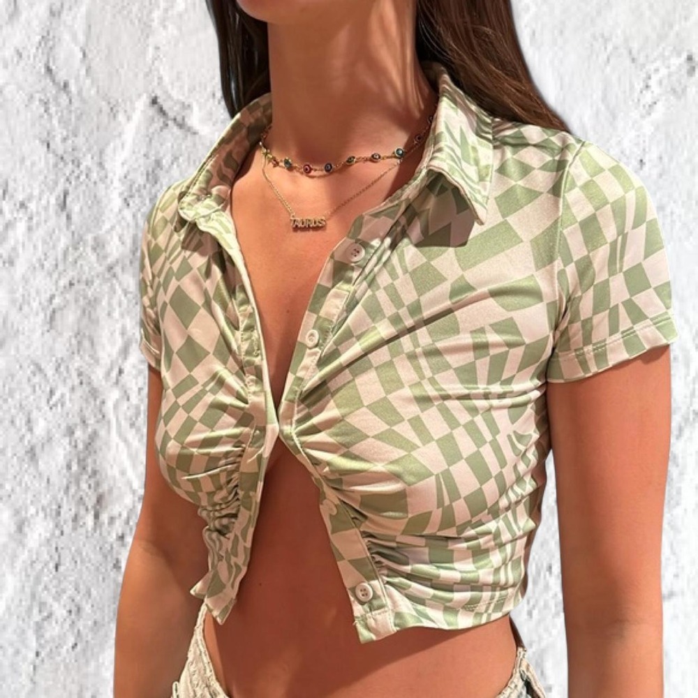 Princess Polly Julian Top Green White Checkered Ruched Crop Shirt Y2K US 4